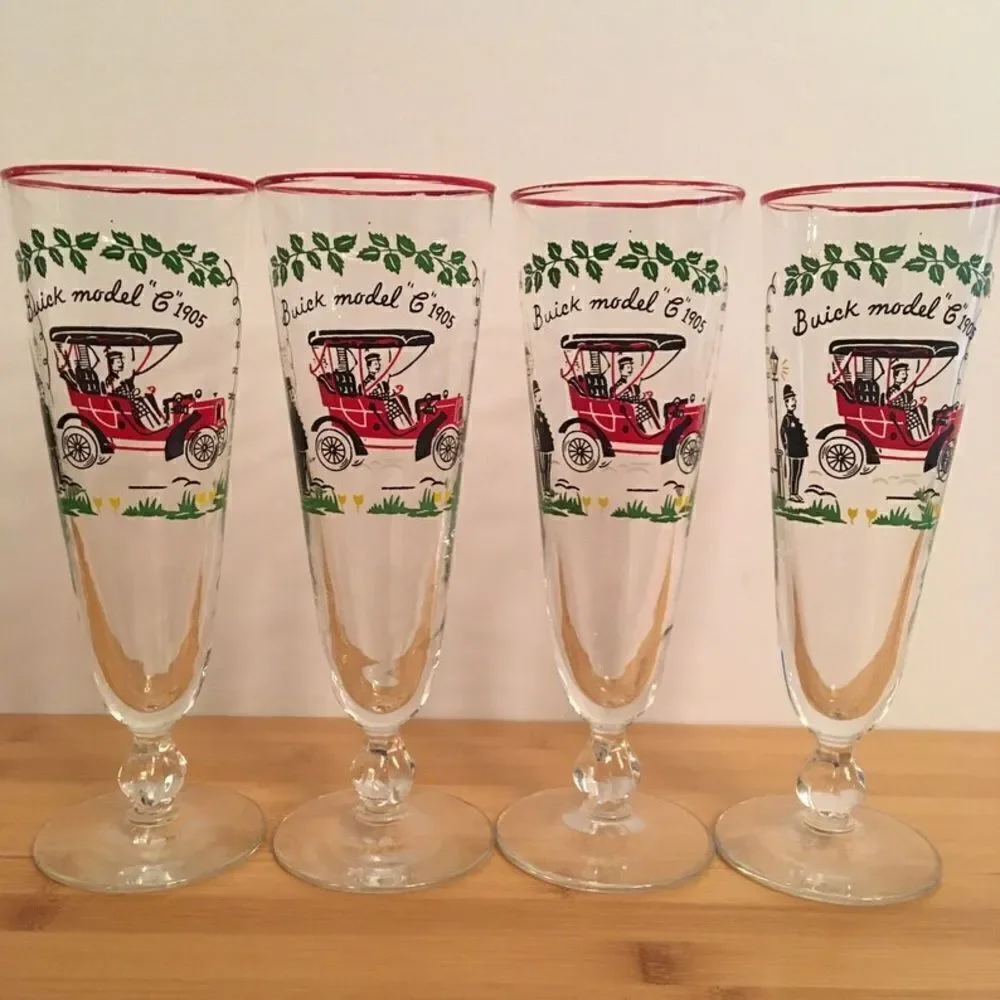 Set of 4 Pilsner Glasses Libbey Horseless Carriage Buick 1905 Vintage Beer Glass